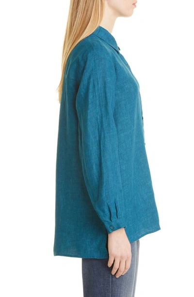 Shop Eileen Fisher Organic Linen Long Sleeve Button-up Shirt In Reef