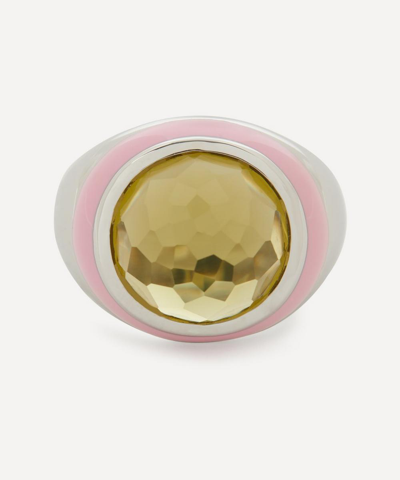Shop Adore Adorn Rhodium-plated Silver Bubblegum Enamel Cabochon Olive Quartz Dome Ring In Silver, White