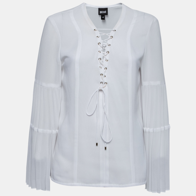 Pre-owned Just Cavalli White Crepe Lace-up Detail Flute Sleeve Blouse M