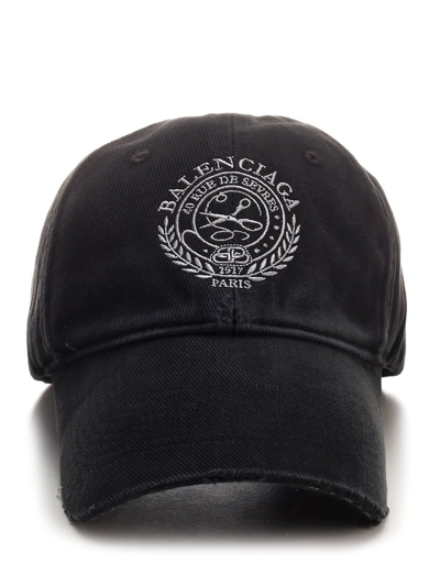 Shop Balenciaga Logo Embroidered Distressed Baseball Cap In Black
