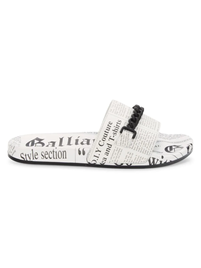 Shop John Galliano Men's Newspaper-print Chain Leather Slides In White