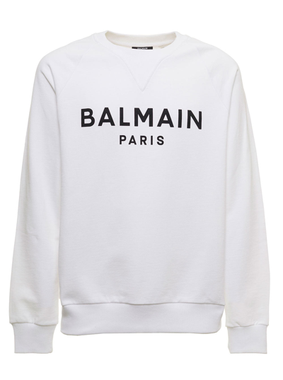 Shop Balmain Man's White  Cotton Sweatshirt With Logo Print