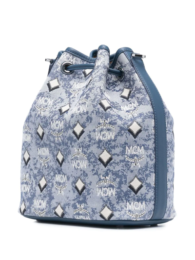 Shop Mcm Medium Dessau Jacquard Logo Bucket Bag In Blau