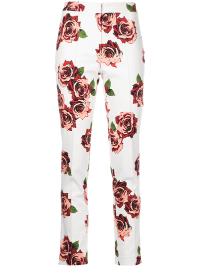 Shop Adam Lippes Rose-print Slim Trousers In White