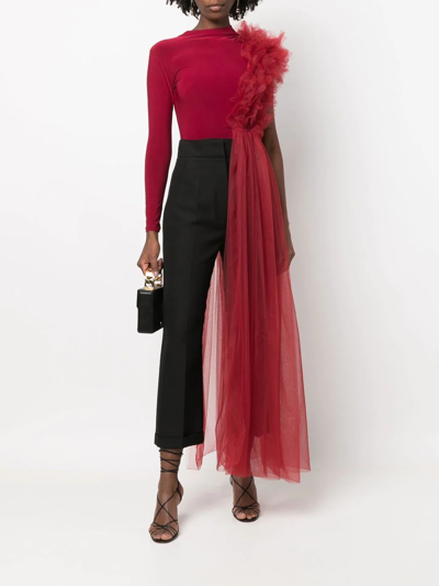Alchemy X Lia Aram Ruched One-shoulder Tulle Jersey Top In Red