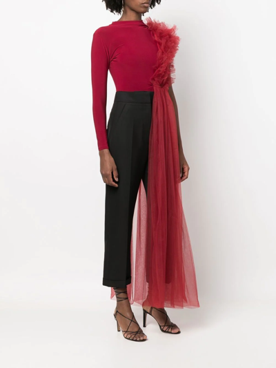 Alchemy X Lia Aram Ruched One-shoulder Tulle Jersey Top In Red