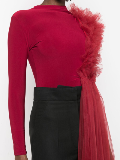 Alchemy X Lia Aram Ruched One-shoulder Tulle Jersey Top In Red