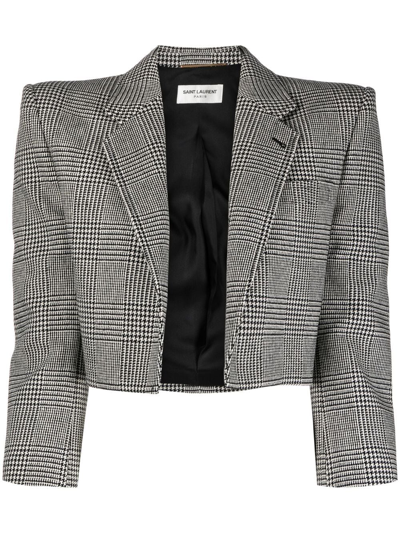 Shop Saint Laurent Tweed Cropped Blazer Jacket In Black