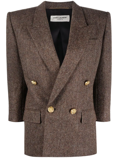 Shop Saint Laurent Double-breasted Wool Blazer In Brown