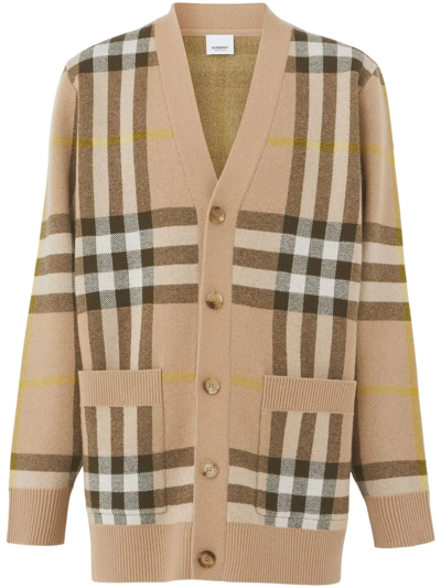 Shop Burberry Checked V-neck Cardigan In Nude