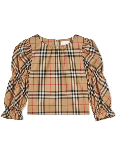 Shop Burberry Puff-sleeve Vintage Check Blouse In Nude