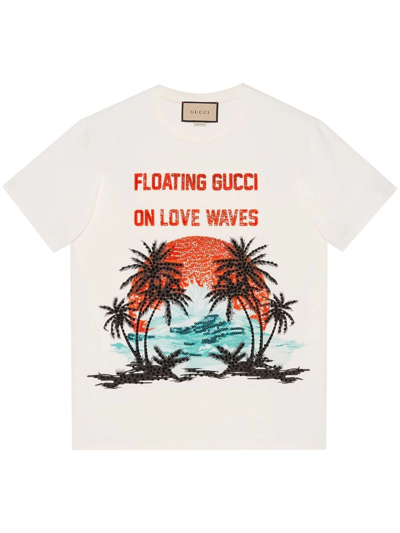 Shop Gucci Sequinned Slogan-print T-shirt In White