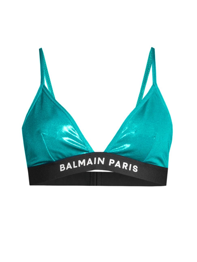 Shop Balmain Women's Metallic Triangle Bikini Top In Turquoise