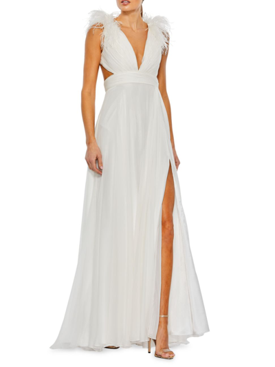 Shop Mac Duggal Women's Feather-trim Gown In White