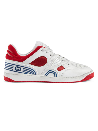 Shop Gucci Men's Basket Sneakers In White Red
