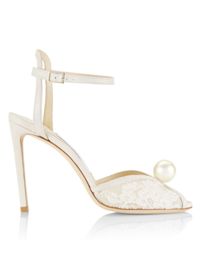 Shop Jimmy Choo Women's Sacora 100 Faux Pearl Lace Sandals In Ivory White