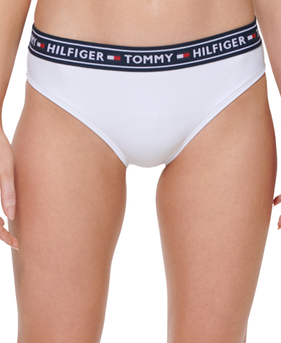 Shop Tommy Hilfiger Solid Tape Mid Rise Bikini Bottoms Women's Swimsuit In Soft White