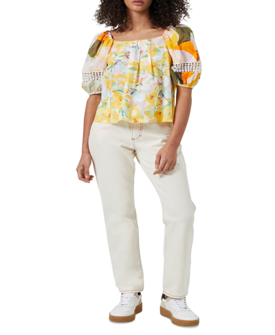 Shop French Connection Women's Organic Cotton Printed Puff-sleeve Blouse In Golden Glaze