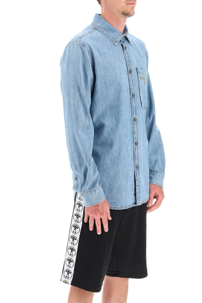 Shop Moschino Denim Shirt With Logo Embroidery In Blue,light Blue