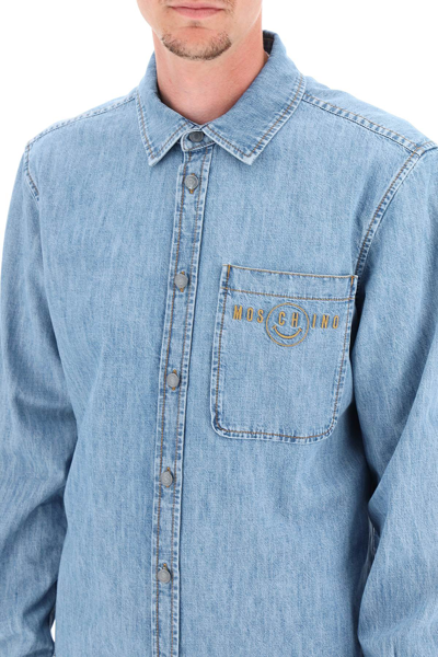 Shop Moschino Denim Shirt With Logo Embroidery In Blue,light Blue