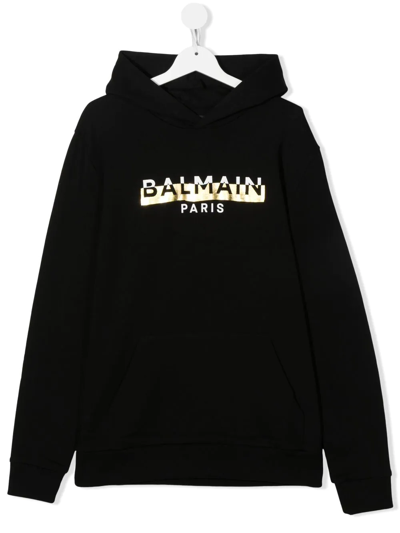 Shop Balmain Teen Logo-print Pullover Hoodie In Black