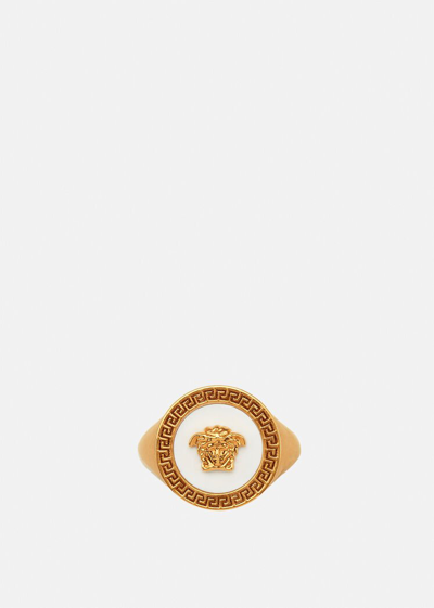 Shop Versace Enamel Medusa Ring In Gold+white