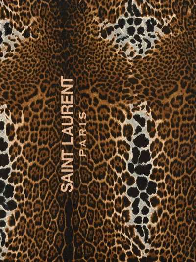 Shop Saint Laurent Leopard-print-logo-towel In Brown