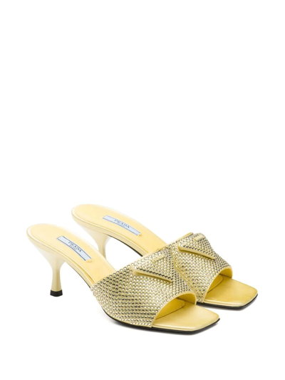 Shop Prada Crystal Embellished Open-toe Mules In Yellow