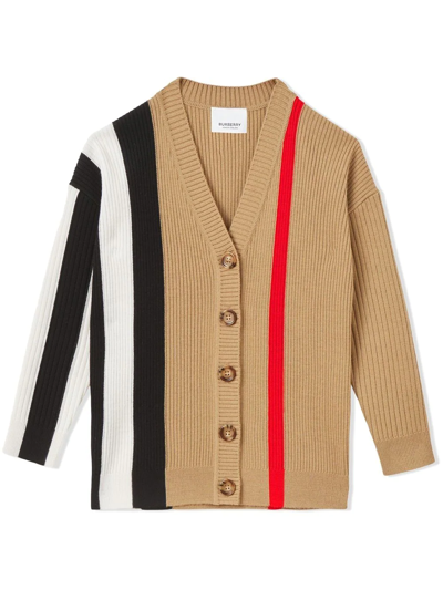 Shop Burberry Icon-stripe Button-fastening Cardigan In Neutrals