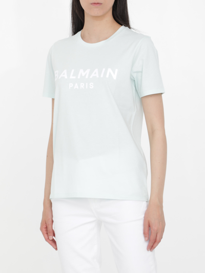 Shop Balmain Light-blue T-shirt With White Logo In Azzurro/bianco