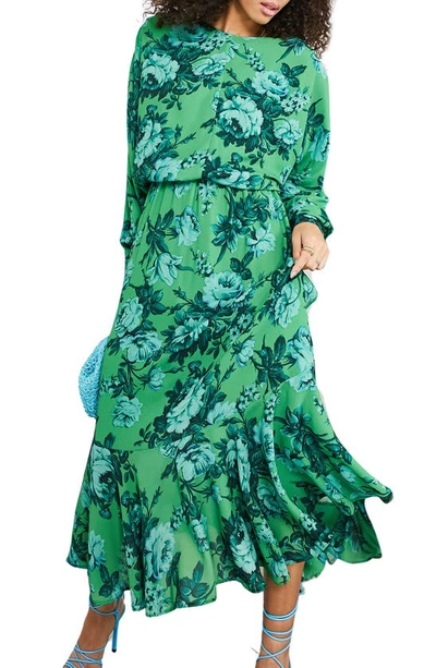 Asos Design Drape Bow Back Midi Dress In Floral Print-multi In Green Multi