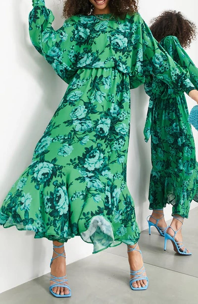 Asos Design Drape Bow Back Midi Dress In Floral Print-multi In Green Multi