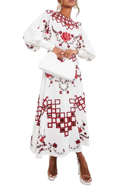 Asos Design Embroidered Bishop Sleeve Cotton Midi Dress In White Multi |  ModeSens