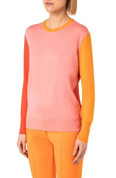 Shop Akris Punto Colorblock Wool Sweater In Pink-orange-orangegold