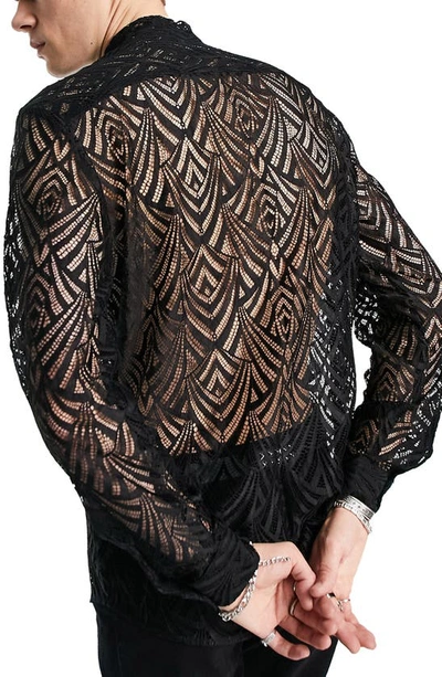 Asos Design Standard Fit Tie Neck Sheer Lace Button-up Shirt In Black