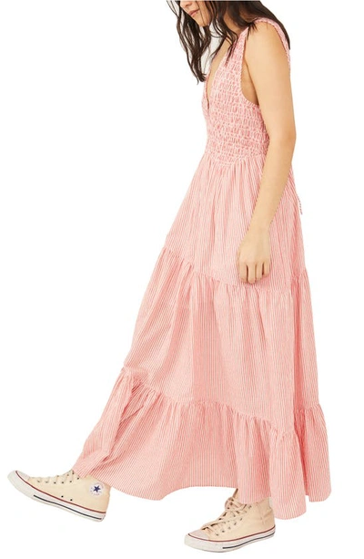 Shop Free People Juno Sleeveless Smocked Tiered Maxi Dress In Guava Combo