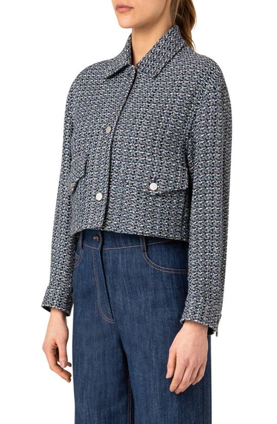 Akris Punto Cropped Denim Tweed Jacket In Denim Sky Cream | ModeSens