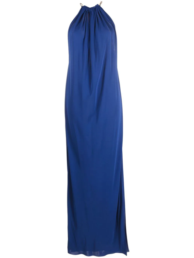 Shop Saint Laurent Halterneck Ruched Gown In Blau
