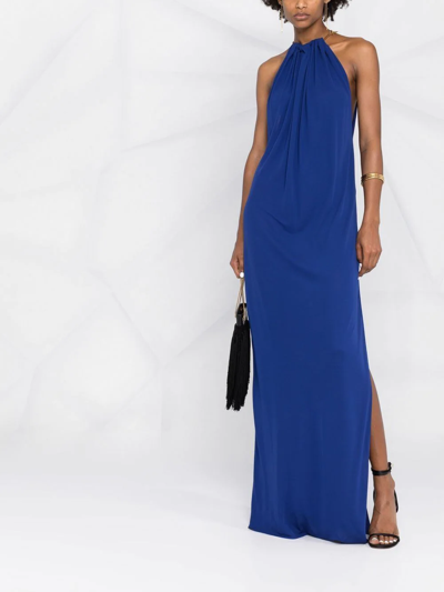 Shop Saint Laurent Halterneck Ruched Gown In Blau