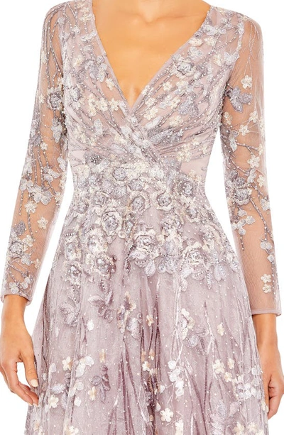 Shop Mac Duggal Floral Embroidered Long Sleeve Mesh Gown In Lilac