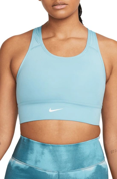 Shop Nike Dri-fit Swoosh Padded Longline Sports Bra In Worn Blue/ White