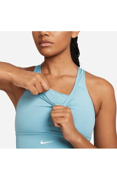Shop Nike Dri-fit Swoosh Padded Longline Sports Bra In Worn Blue/ White