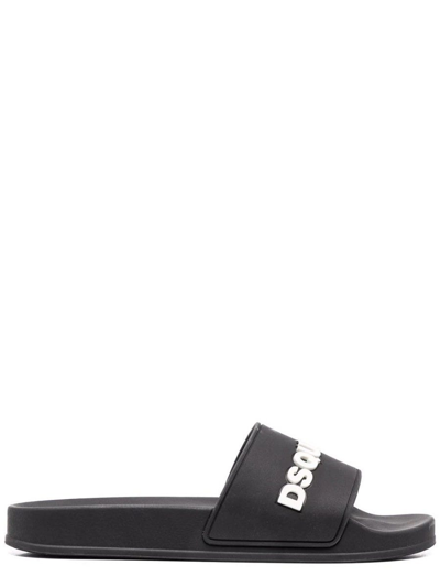 Shop Dsquared2 Embossed Logo Black Slides Sandals In Nero