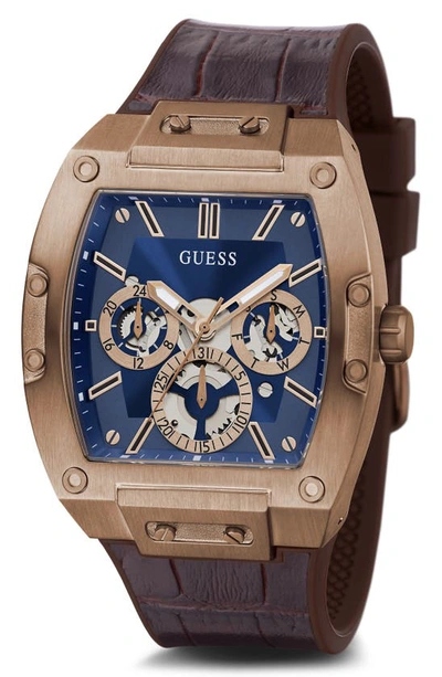Shop Guess Multifunction Croc Embossed Leather & Silicone Strap Watch, 43mm In Brown