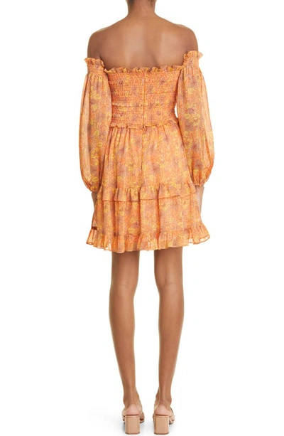 Shop Likely Jarren Smocked Off The Shoulder Long Sleeve Dress In Apricot Nectar/ Multi