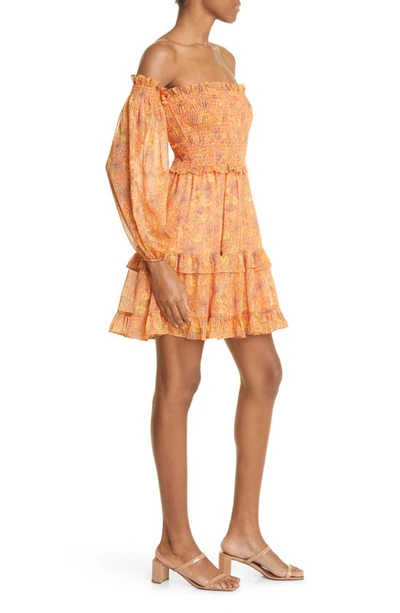 Shop Likely Jarren Smocked Off The Shoulder Long Sleeve Dress In Apricot Nectar/ Multi