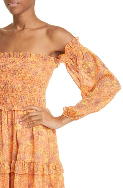 Shop Likely Jarren Smocked Off The Shoulder Long Sleeve Dress In Apricot Nectar/ Multi
