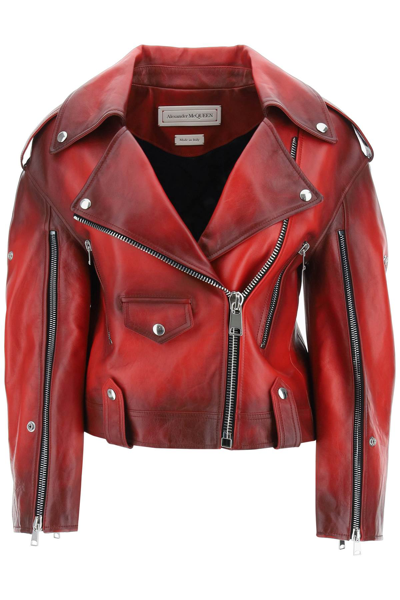Shop Alexander Mcqueen Biker Jacket In Shaded Leather In Red