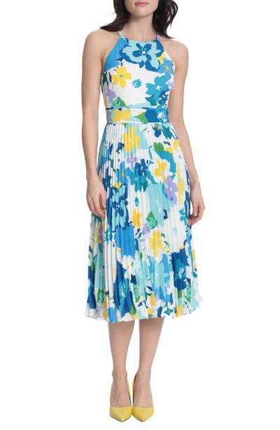 Shop Donna Morgan For Maggy Floral Halter Neck Dress In Soft White/ Royal Blue