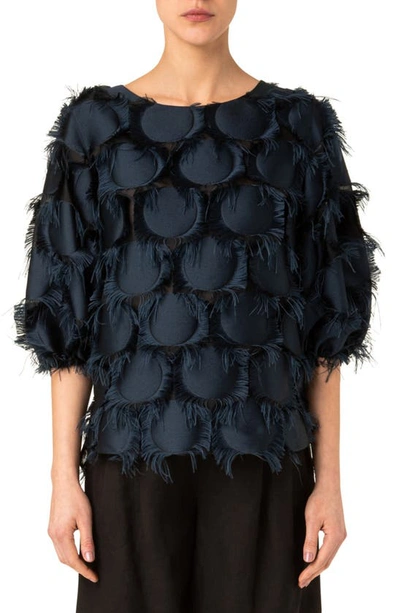 Shop Akris Punto Fringe Dot Three-quarter Sleeve Blouse In Denim-black